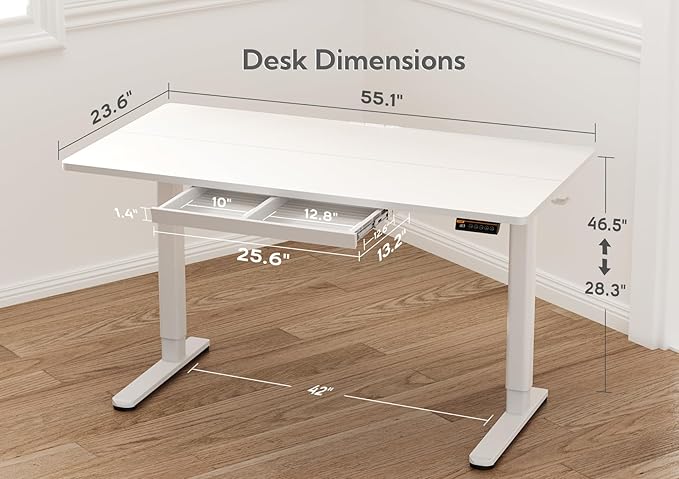 Claiks Standing Desk with Drawers, 55x24 Inch Stand Up Electric Adjustable Height Sit Stand Desk for Computer Workstation, White
