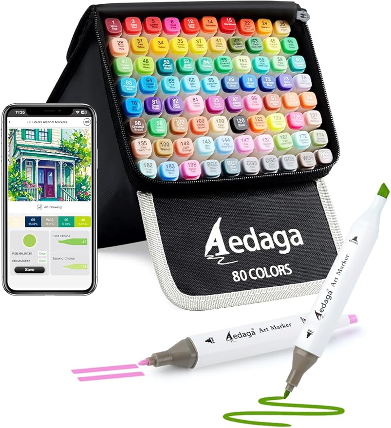 AEDAGA 80 Colors Alcohol Markers with Free App, Dual Tip Art Marker with Kickstand Case for Artists Adults. Alcohol Based Markers for Coloring Painting Sketching and Drawing, Great Gift