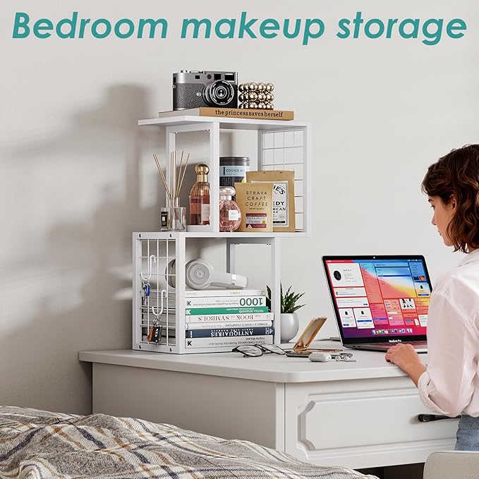 Vfelf Desktop Bookshelf Organizer, White 3-Tier Desk Shelf with Metal Hook Workspace Organizers for Desk Organization and Office Storage Table Bookcase
