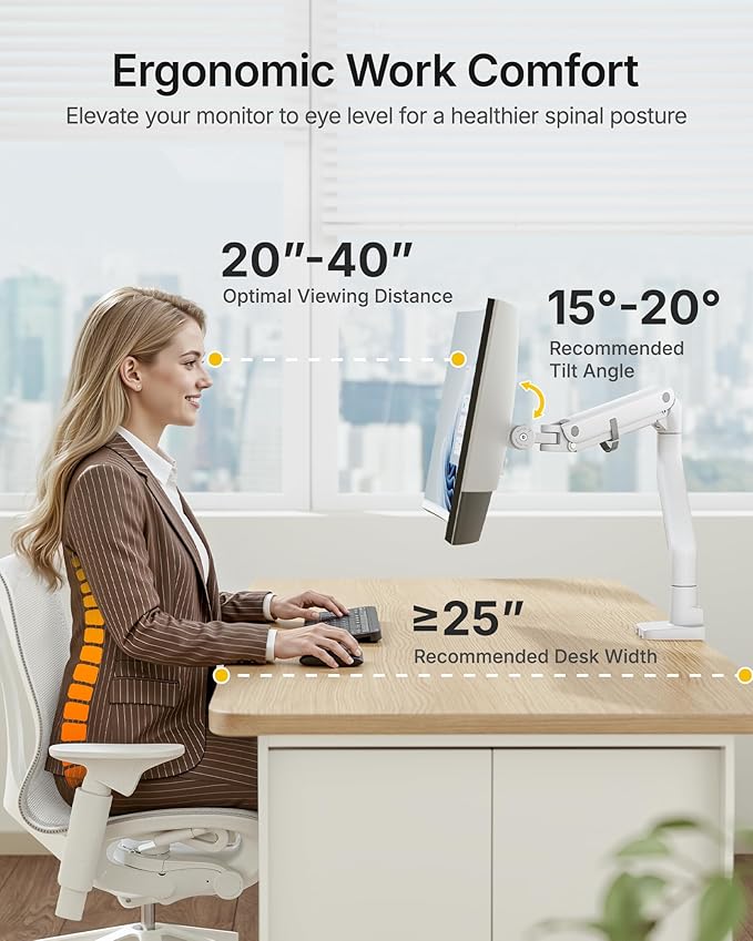 monTEK Single Monitor Arm with USB A/C, Ultrawide Monitor Stand for 17 to 57 Inch Curved Screen, Holds 59.4 lbs, Adjustable Gas Spring Arm, 75/100 VESA Mount, Clamp & Grommet Desk Mount, White