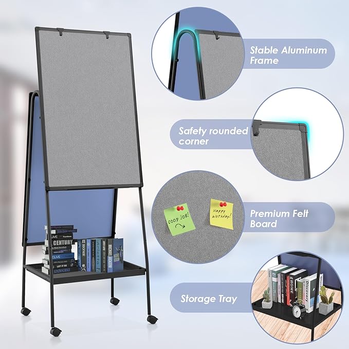 MAKELLO Rolling Whiteboard on Wheels 36x24 in, Double-Side Standing White Board Grey Bulletin Board Combo with Storage Tray for Office Classroom Commerce, Height Adjustable, Aluminum Frame, 3'x2'