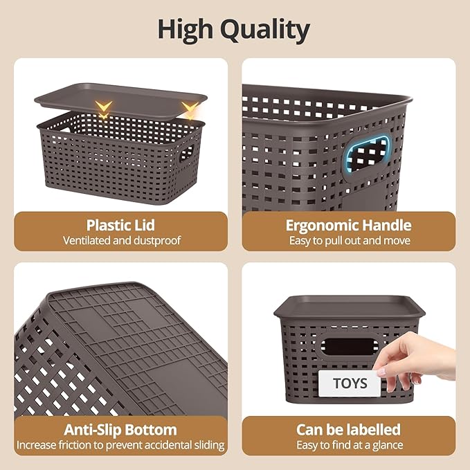 ZFTMRR Plastic Storage Basket with Lid, Stackable Small Box Bins for Organizing and Containers for Shelves Drawers Desktop Closet Playroom Pantry Classroom Office Home, 8 Pack 10.2x7.2x4.1 Inch, Brown
