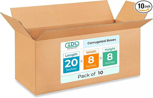 IDL Packaging Heavy Duty Moving Boxes - 20x8x8 inches (10-Pack) - Extra Strength 200 lb Corrugated Packing Boxes