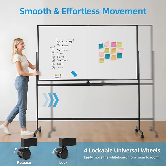 VOWNER Double-Sided Magnetic Whiteboard, 72" x 40" Large Mobile Dry Erase Board, Reversible Rolling White Board with Aluminum Frame & Stand, for Home Office, Classroom, School, Black