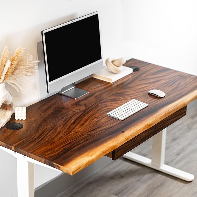 Standing Desk with Drawer – Walnut Solid Wood Desk, Natural Live Edge, Adjustable Height Dual Motor, Sit Stand for Home Office (White, W48 x D27)