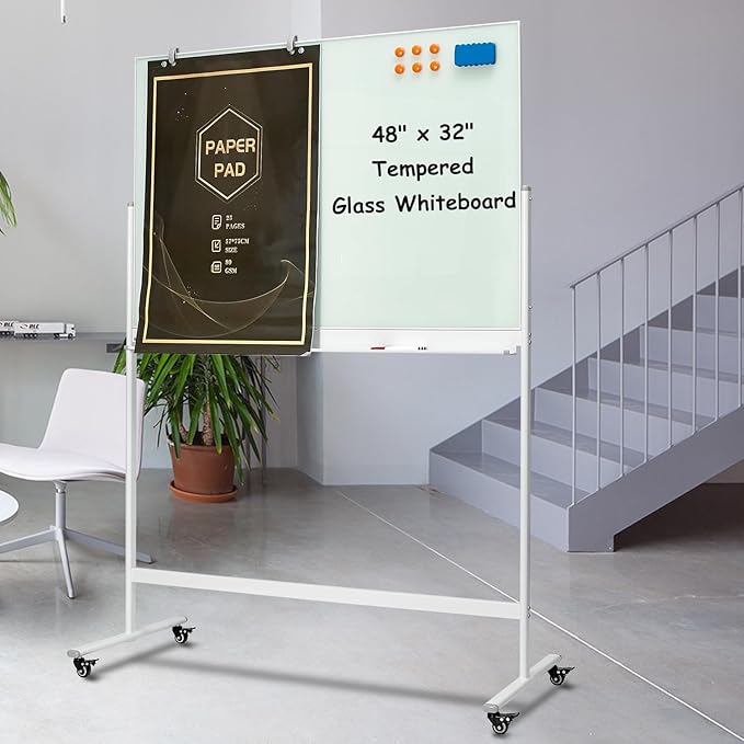 TSJ-OFFICE Rolling Glass Whiteboard on Wheels - 48" x 32" Magnetic Mobile Dry Erase Board with Stand, Large Rolling White Board with 25 Sheets Paper Pad, Transparent Tempered Glass Board Office, Home