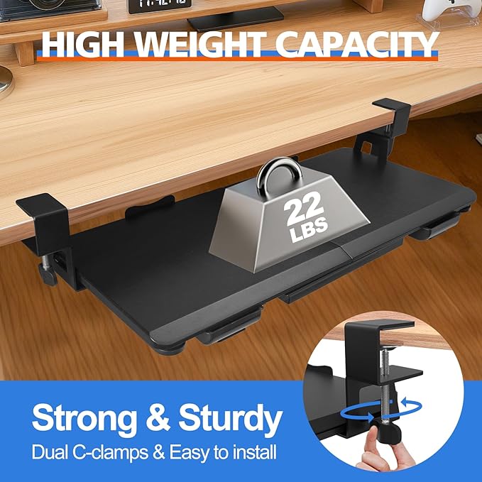 OUKMIC Large Keyboard Tray Under Desk Slide Out with Sturdy C-Clamp Mount and Storage Drawer, 27" (31" Including Clamps) x 12" Ergonomic Keyboard Trays for Home and Office, Black