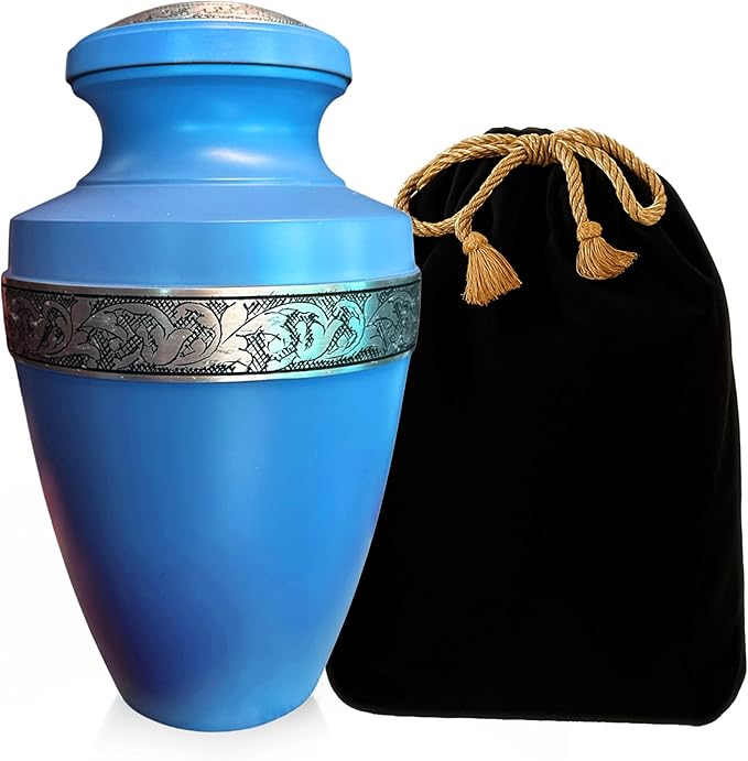 Modern Memorials Cremation Urn for Ashes - Large Urn for Man & Women - 200 Cubic Inches - Includes Velvet Storage Bag - Sky Blue with Silver Band