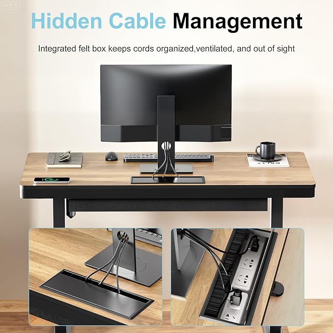 ERGO COLLECT Electric Standing Desk 48 Inch - One-Piece Desktop with Drawer, Cable Management, Wireless Charging & USB Port, Quiet Motor - for Home Office, Walnut
