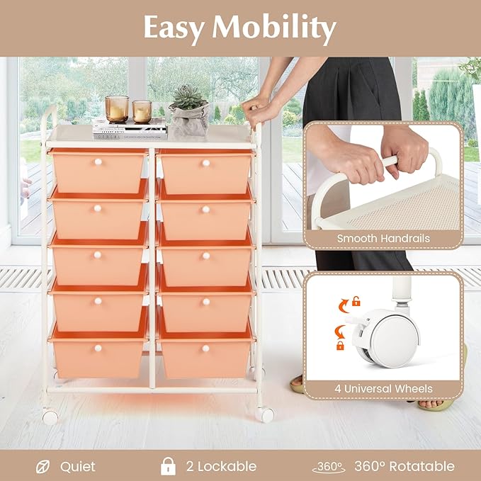 LDAILY 10 Drawer Rolling Cart, Storage Cart Organizer on Wheels, Drawer Cart with Metal Frame & Large Storage Capacity, Rolling Cart with Drawers for Living Room Classroom, Office