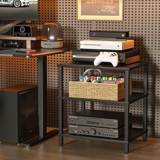 LELELINKY 3-Tier AV Media Player Stand Set of 2, Black Stereo Cabinet, Wooden TV Stand,Game Console Shelf, Multifunctional Entertainment Center, Suitable for Home, Conference Room, Game Studio