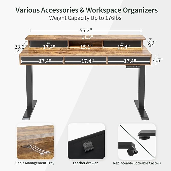 FEZIBO Height Adjustable Electric Standing Desk with 5 Drawers, 55 x 24 Inch Table with Storage Shelf, Sit Stand Desk Black Frame/Rustic Brown Top, 55 inch