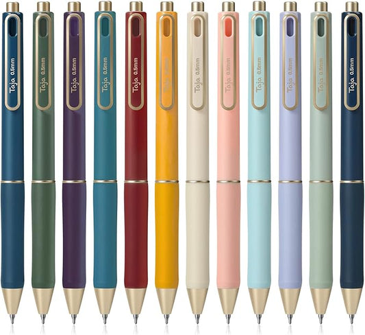 Taja Gel Pens, 12 Pcs Quick Dry Black Gel Ink Pens, 0.5mm Fine Point Smooth Writing Pens for Journaling and Note Taking, Cute Aesthetic Pens for Women & Men-Multicolor
