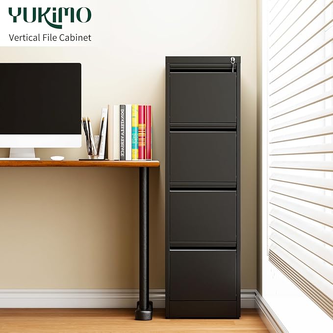 Yukimo 4 Drawer File Cabinet with Lock, Vertical Filing Cabinets for Home Office, Locking File Cabinet Hanging Files for A4/ Legal/Letter, Require Assembly, Black