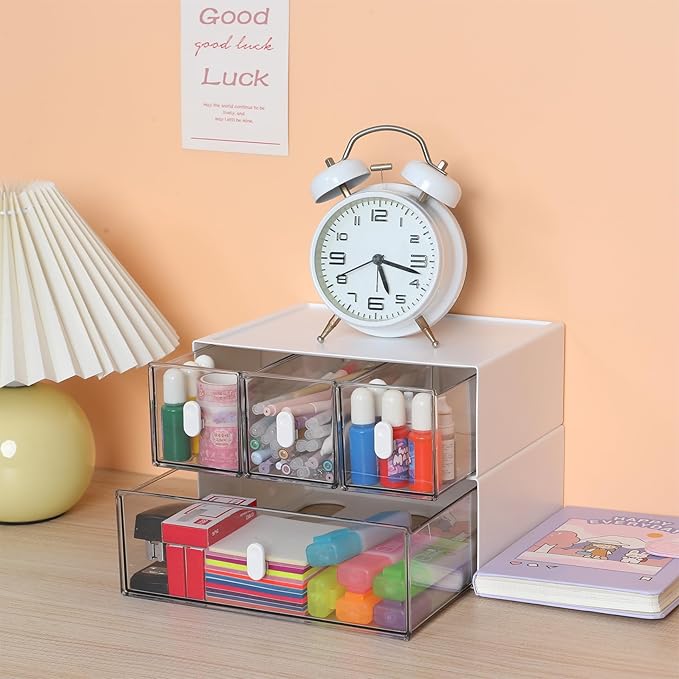 OSteed Desktop Drawers, Desk Organizer with 3 Drawers & Upright Handles, Stackable Plastic Storage Box for Home Collection, Cosmetics, Office Supplies (1 Tall Layer, White & Clear)