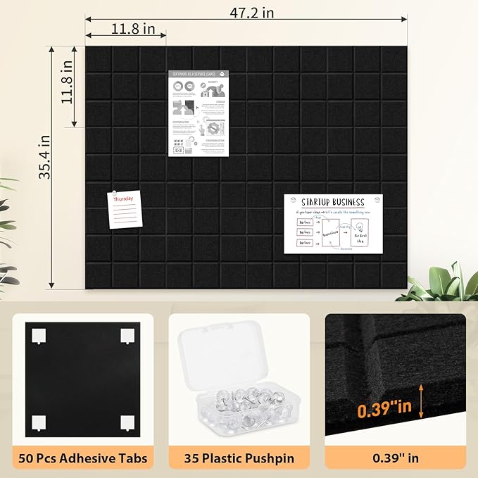 Smarpau Cork Board 48"X36", 12 Pack Nine-Grid Felt Bulletin Boards, Small Pin Board with Removable Adhesive Tabs Pushpins, Cork Wall Tiles for Office Home Classroom Decor Black