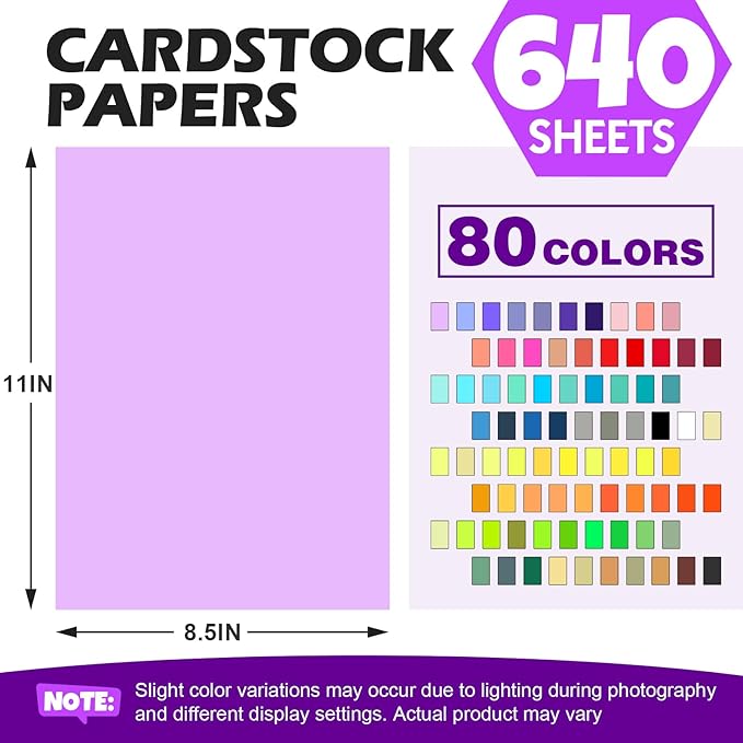 640 Sheets 8.5" X 11" Colored Cardstock, 80 Assorted Colors 180 GSM/65 LB Construction Paper Card Stock Printer Paper for Printing, Card Making, DIY Crafts, Kids School Supplies,Party Decorations