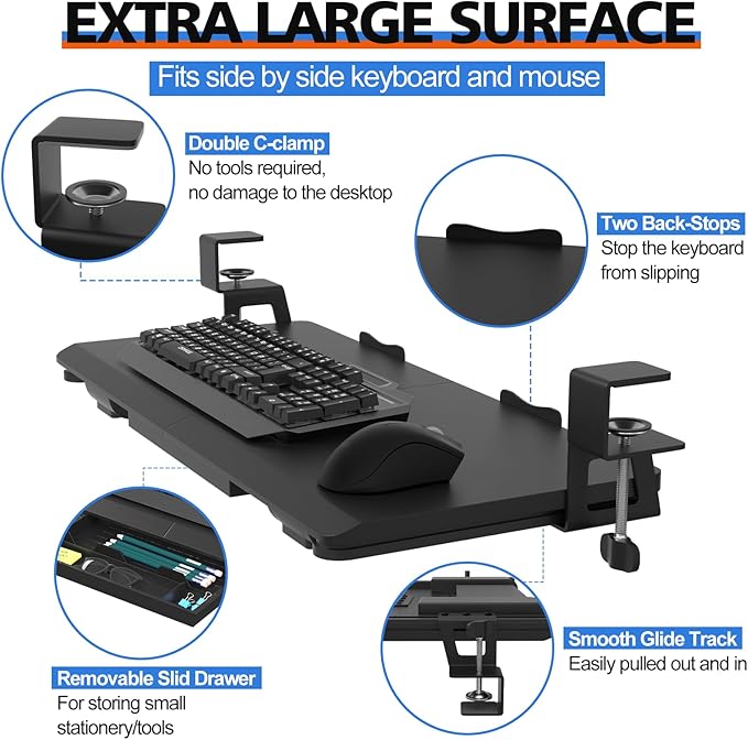 OUKMIC Large Keyboard Tray Under Desk Slide Out with Sturdy C-Clamp Mount and Storage Drawer, 27" (31" Including Clamps) x 12" Ergonomic Keyboard Trays for Home and Office, Black