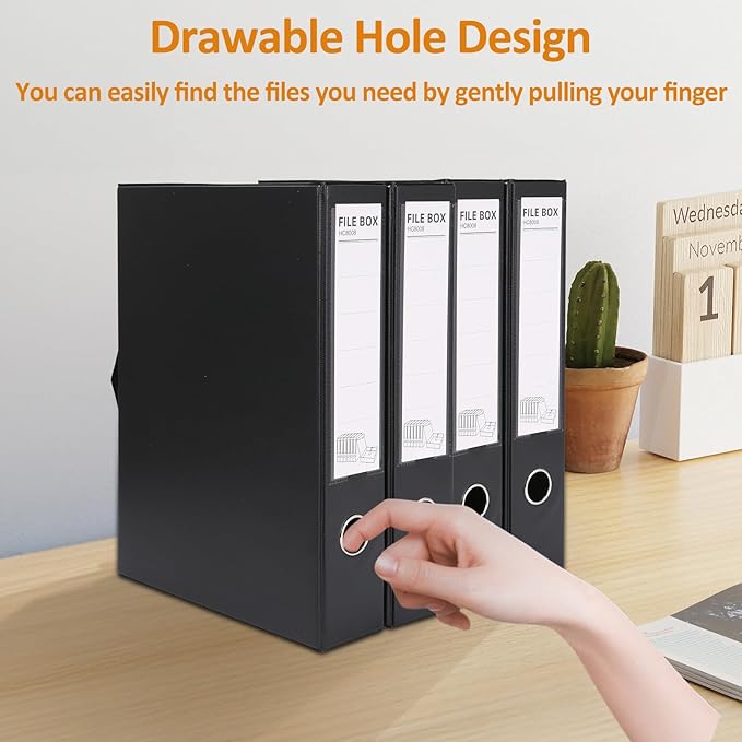 HUA JIE A4 Storage File Boxes Plastic Archives Cases with Clip, PVC File Folder Organizer Document Storage Filing Box for office,32.5×6.5×24 cm, Black(Pack of 6)