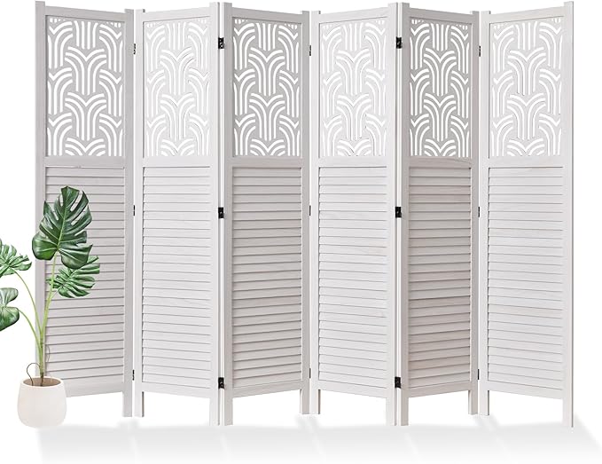Svimi Folding Room Divider, 66.9 Inch 6 Panels Wood Carved Privacy Screens, Free Assembled Freestanding Portable Separation Wall for Home Office Restaurant Bedroom (White)