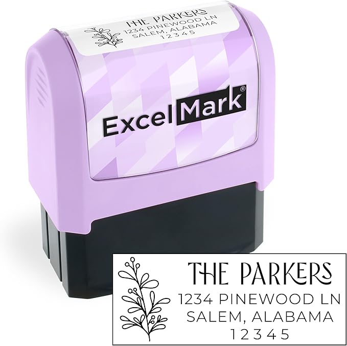 ExcelMark Address Stamp - Custom Return Address Stamp with Elegant Designs, Vibrant Colors & Patterns – Perfect for Mail, Invitations & Gifts (Violet Mount, Foliage Edge)