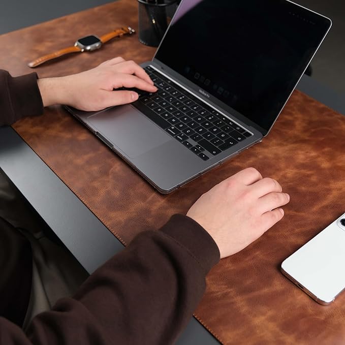 TORONATA Jersey Genuine Calfskin Leather Desk Pad, Office Desk Mat with Non-Slip Bottom, Smooth Surface for Mouse & Keyboard, Desk Protector (14.6x31.5 inches) (Antic Tan)
