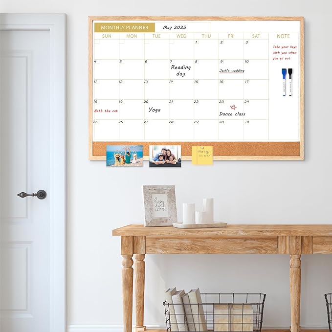ARCOBIS Calendar Whiteboard with Cork Board, 36"x24" Wood Frame Dry Erase Calendar for Wall, Magnetic Monthly Combination Board for Home, Office, School, Kitchen, Beige