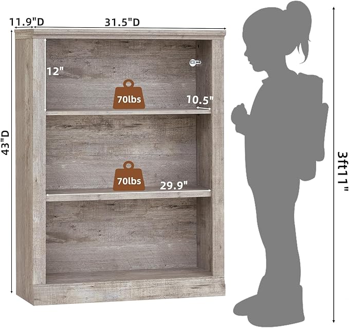 RWYHG 43" Grey Tall Bookshelf Set of 4,3-Tier Thick Wooden Book Shelf with Adjustable Shelves,Free Standing Farmhouse Bookcase with Open Display Storage,Floor Vintage Bookshelves for Living Room