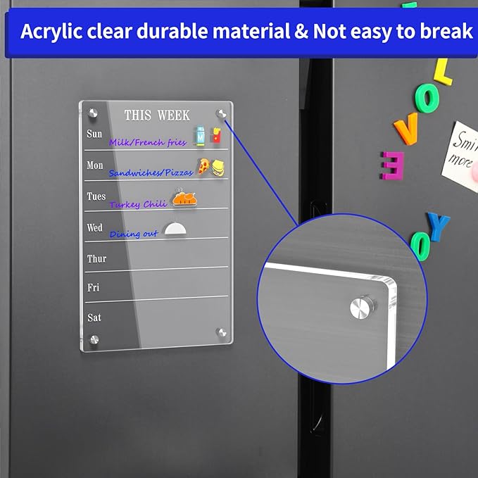 AITEE Acrylic Weekly Calendar for Fridge, Clear Magnetic Weekly Meal Planner for Refrigerator Reusable Week Planner, Includes 6 Dry Erase Markers with 3 Colors(8"x12"Inches)