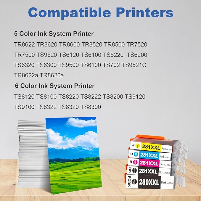 Pertmceo TR8622a PGI-280XXL CLI-281XXL 280 281 Ink Cartridges Replacement for Canon 280 281 Ink Compatible with PIXMA TR8622a TR8620a TR8622 TR8620 TR8600 TS9500 TS6300 Printer (5 Pack)