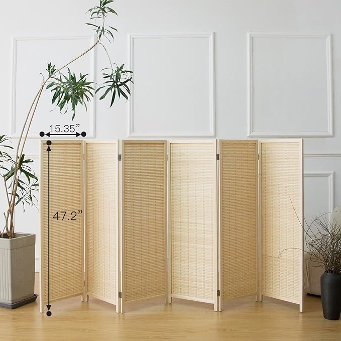 Furnnylane 6 Panel Short Room Divider Screen,Beige Freestanding Partition,Small Bamboo Panel Divider for Room Seperation,3.95 FT Tall