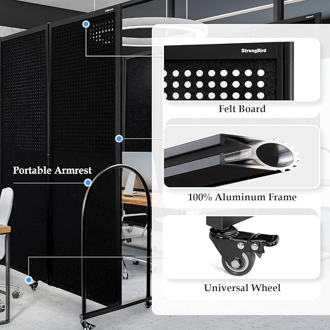 Folding Room Partition,Freestanding Privacy Divider,Portable Office Divider Wall,Commercial Space Partition Screen,Perforated Felt Panel Design,18'5"W x 6'7"H,7 Panel,Black