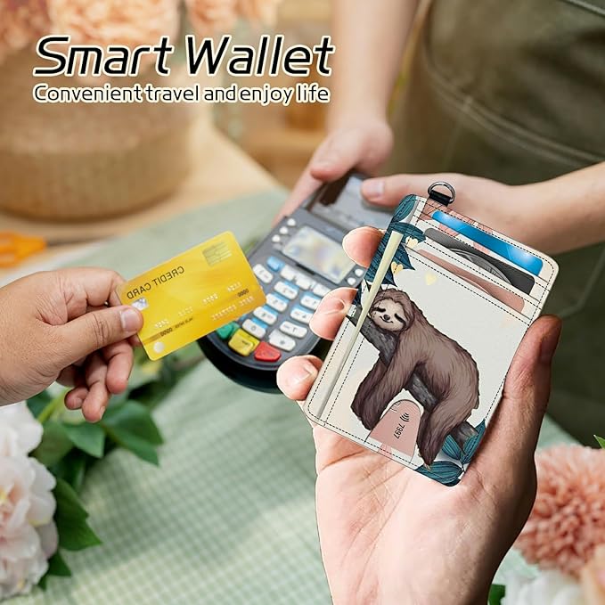 BWEGRHE Small Travel Wallets, Sloth Slim Minimalist Front Pocket Wallet with Wristlet, RFID Blocking PU Leather Credit Card Holder with ID Window Change Purse for Men Women