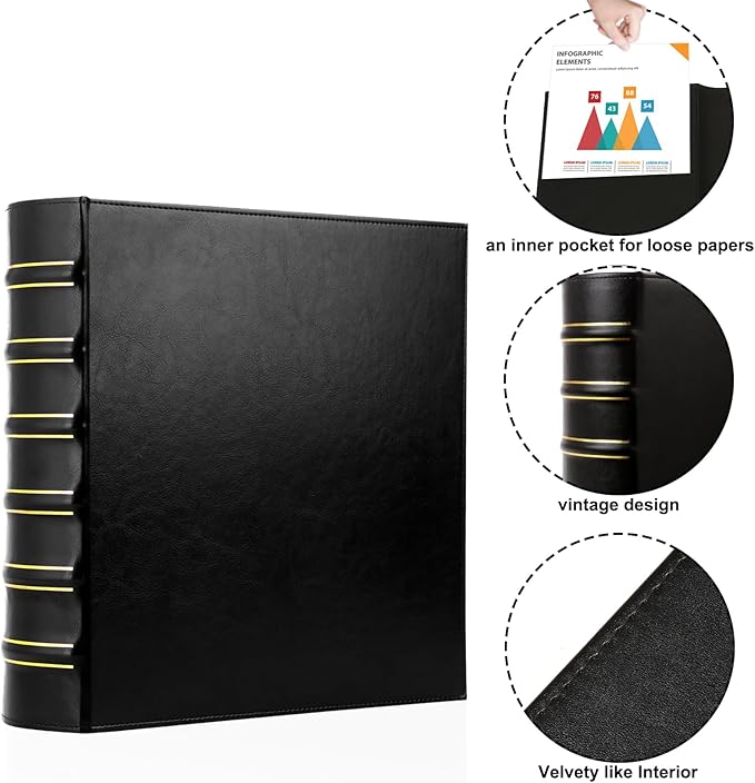 LETVPVOW Vintage Hardback 3 Ring Binder 2 Inch, Professional Leather Binders 2 Inch D Ring, Holds 400 Sheets Capacity - Black