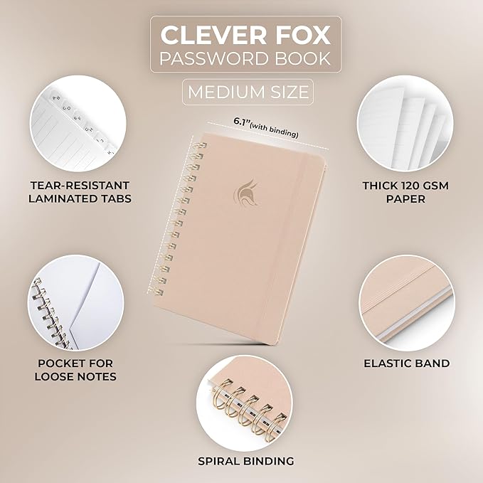 Clever Fox Password Book Spiral – Internet Address & Password Organizer with Laminated Alphabetical Tabs – Password Keeper Journal – Hardcover, Medium Size, 6.1x7.7” (Seashell)