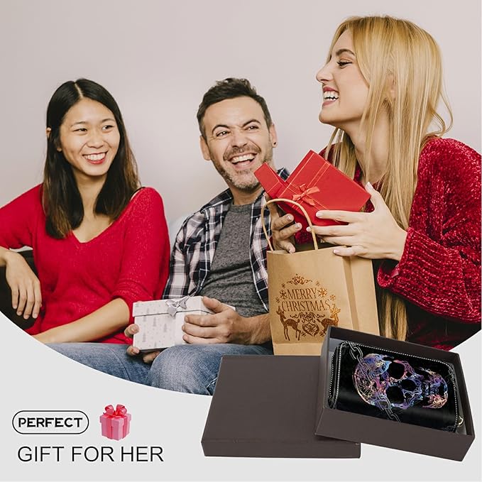 BWEGRHE Cute Credit Card Holder with Zipper, Shackle Skull RFID-Blocking Card Case Small Wallet for Women Men, Multi-slot Card Organizer Case Travel Accordion Wallet