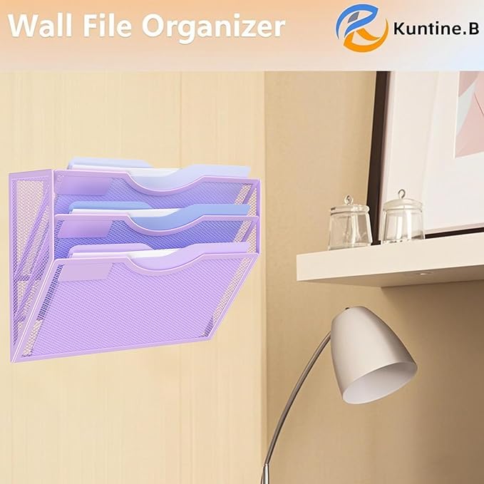 Kuntine.B Wall File Organizer Office Hanging Magazine Holder Wall File Organizer for Office Home (Purple, 3 Tier)
