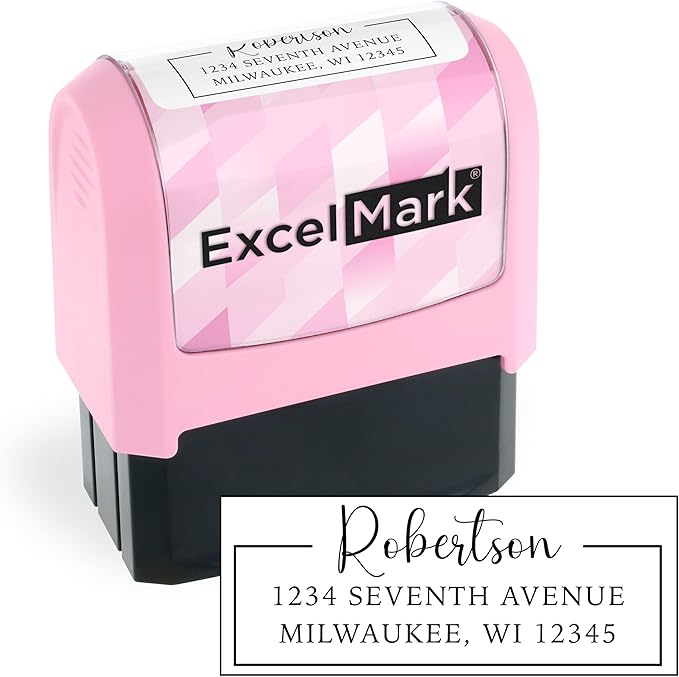 ExcelMark Address Stamp - Custom Return Address Stamp with Elegant Designs, Vibrant Colors & Patterns – Perfect for Mail, Invitations & Gifts (Pink Mount, Signature Frame)