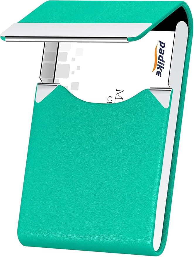 Padike Professional Business Card Holder PU Leather Business Card Case Name Card Holder Slim Metal Pocket Card Holder with Magnetic Shut (Y-Lake blue)