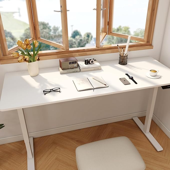 FLEXISPOT 63x28 Inch Large Dual Motor Electric Standing Desk, White - Computer Desk with Memory Controller, Home Office Desk with Splice Board