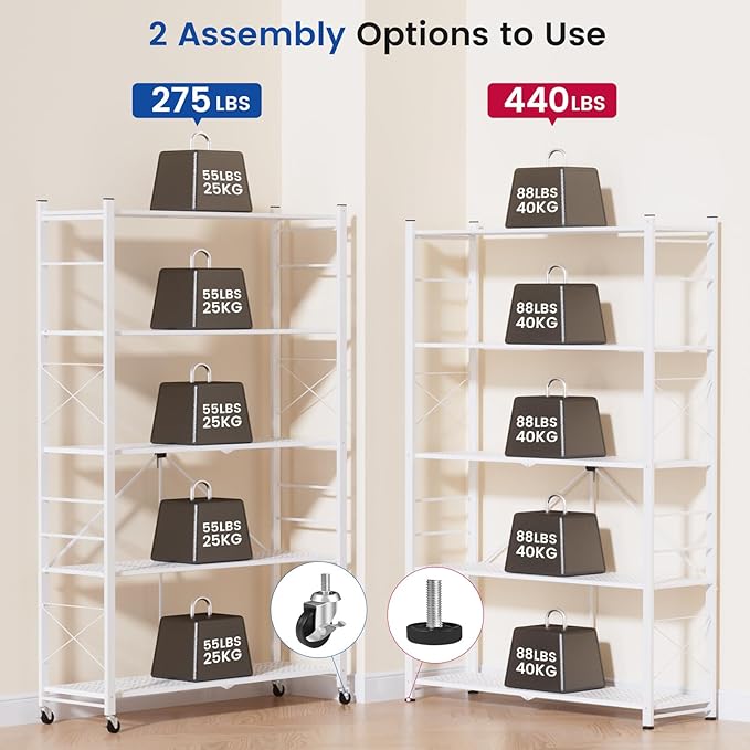 ALANNG 40" W Foldable 5-Tier Storage Shelves with Wheels, Adjustable & Removable Metal Rack, Heavy Duty Rolling Organizer for Kitchen, Garage, Closet, Pantry, and Office (White,2 Pack)