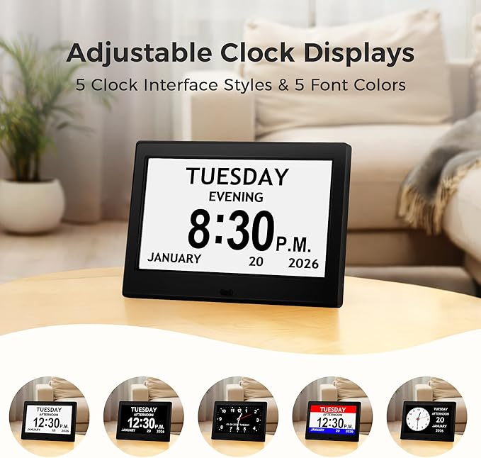 7'' Digital Clock, Dementia Clock With Date And Time, 10 Reminders, 6 Alarms, Auto-Dimming, Auto DST, Remote Control, Large Display Alarm Clock For Seniors, Gifts For People With Dementia, Alzheimers