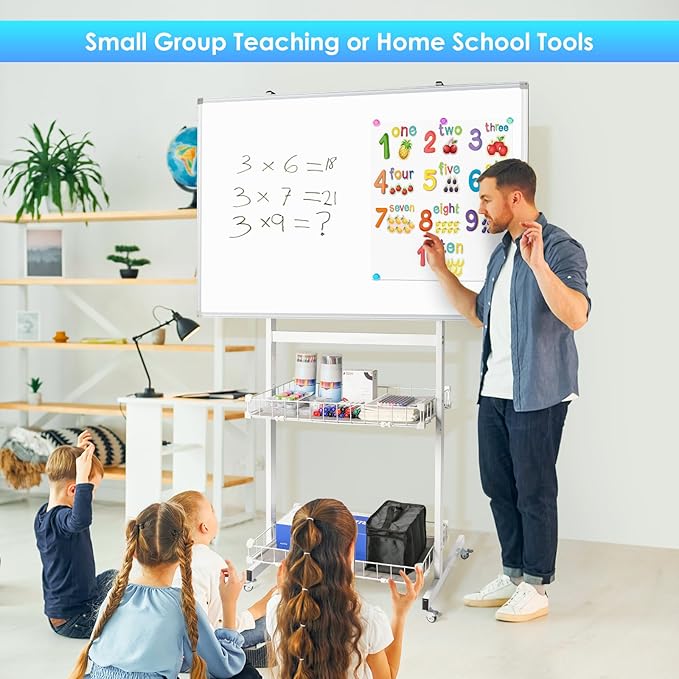maxtek Rolling Whiteboard, 48x32 Large Magnetic White Board with Stands, Big White Board Dry Erase on Wheels with Baskets for Classroom, Office, Homeschool, Home Office