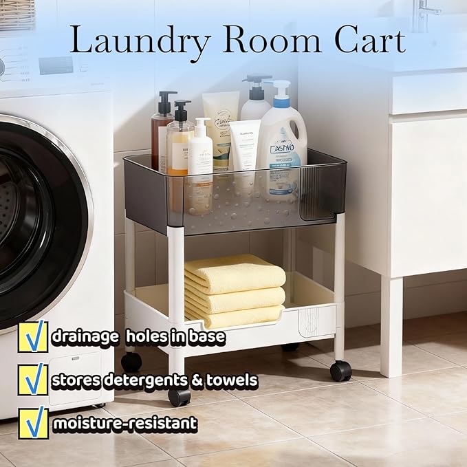 LiWNYRK 2 Tier Rolling Cart with Wheels for Under Desk Storage, Heavy Duty Plastic Short Small Utility Cart for Small Space Pantry Room Kitchen Laundry Bathroom, 4.7'' Deep Baskets for Tall Bottles