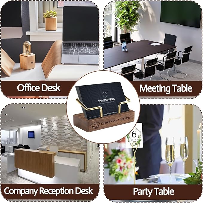 HJX Custom Business Card Holder Desk-Personalized Engraved Wooden Business Card Case Holder, Customized Name Logo Business Card Display Gifts for Men Women (Black - Walnut)
