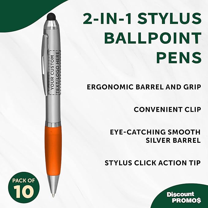 DISCOUNT PROMOS Custom Stylus Ballpoint Pens Set of 10, Personalized Bulk Pack - Black Ink, Great for Office, School, Business, Tradeshows, Events - Orange