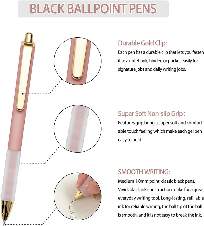 Linbsunne Ballpoint Pens Black Medium Point 1mm Pen with Super Soft Grip Ball Point Pen for Men Women Retractable Pens