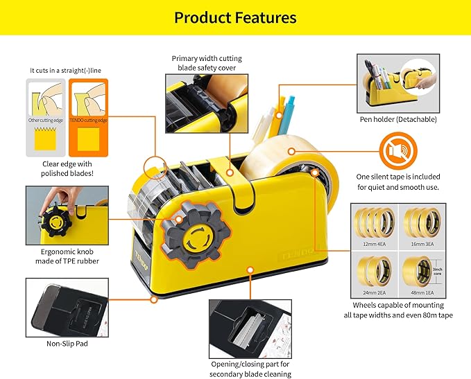 [TENDO°] Multi-Section Tape Dispenser ZO-508: Innovative Cutter for Custom Tape Width (Yellow)