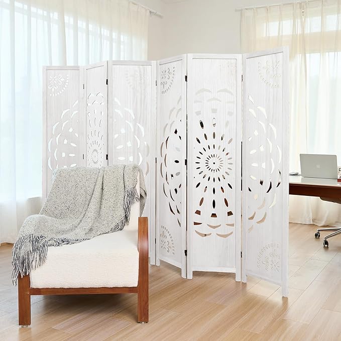 66.9Inch Wooden Room Partition - 6 Panels Boho-Styled Space Room Divider for Home/Office, Headboard & Yoga/Photo/Video Call Backdrop (White)