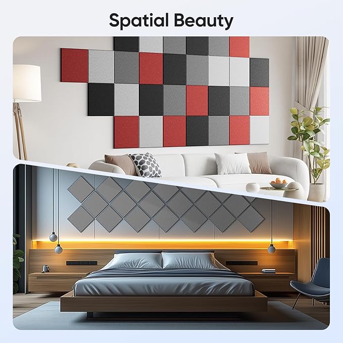 UNECHO 12 Pack 12" X 12" X 0.4" Acoustic Panels for Wall Sound Absorbing, Square Self-Adhesive Sound Panels, High Density Suitable for Multiple Scenarios(MoonLight Gray)